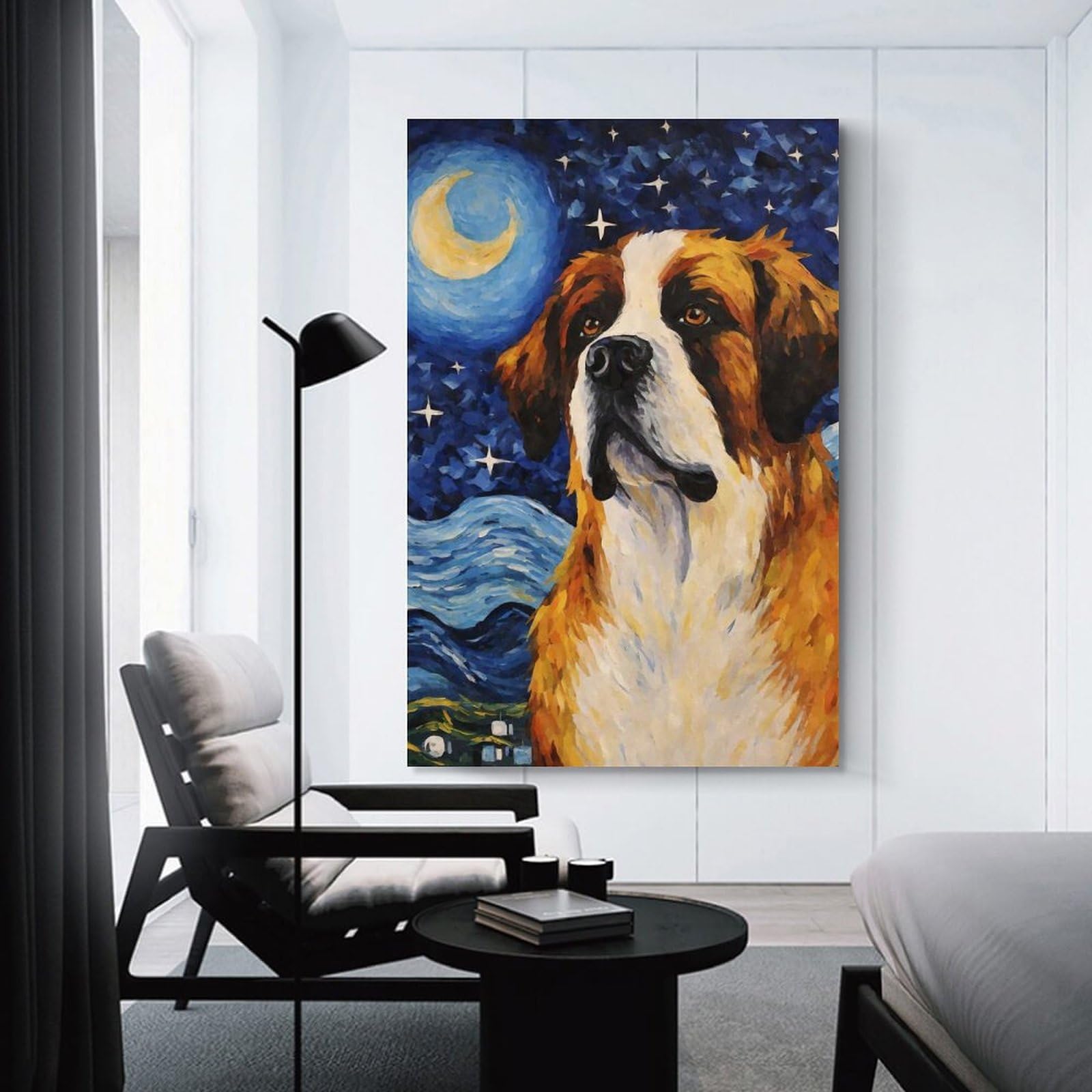 Junmoney Unframe-Style-11 Saint Bernard Starry Night Hanging Wall Art, 24X36inch(60X90cm), For Entrance Walls, Hall Decor Or Foyers, Wall Decor To Refresh Empty Corners