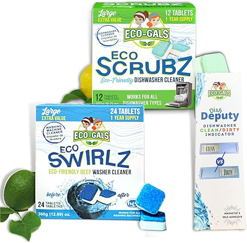 Scrubz & Swirlz - Paquete de limpiador de lavadora y lavavajillas sin perfume, suministro de 1 año más organizador magnético para lavavajillas