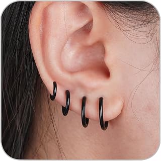4 Pairs Black Earrings for Men Women, 316L Surgical Stainless Steel Small Hoop Earrings Hypoallergenic Non Tarnish Cartilage Hoop Earrings for Multiple Piercing Huggie Earrings Jewelry (Black-1.6mm)