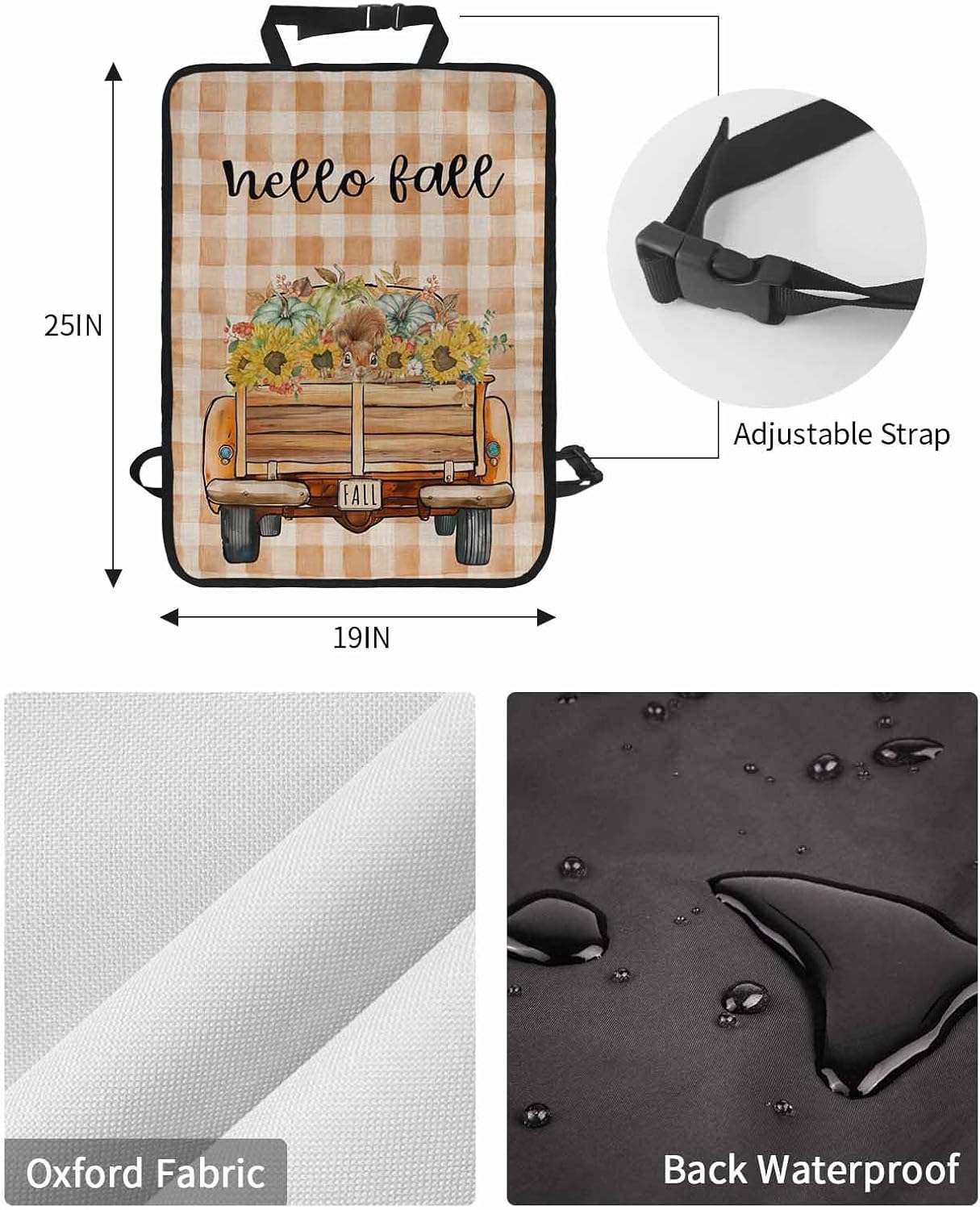 Car Seat Protector, 2 Pack Kick Mats Back Seat Protector Fall Watercolor Truck Pumpkin Sunflower Squirrel Brown Plaid Waterproof Backseat Cover for Kids Universal Fit Automotive Interior Protectors