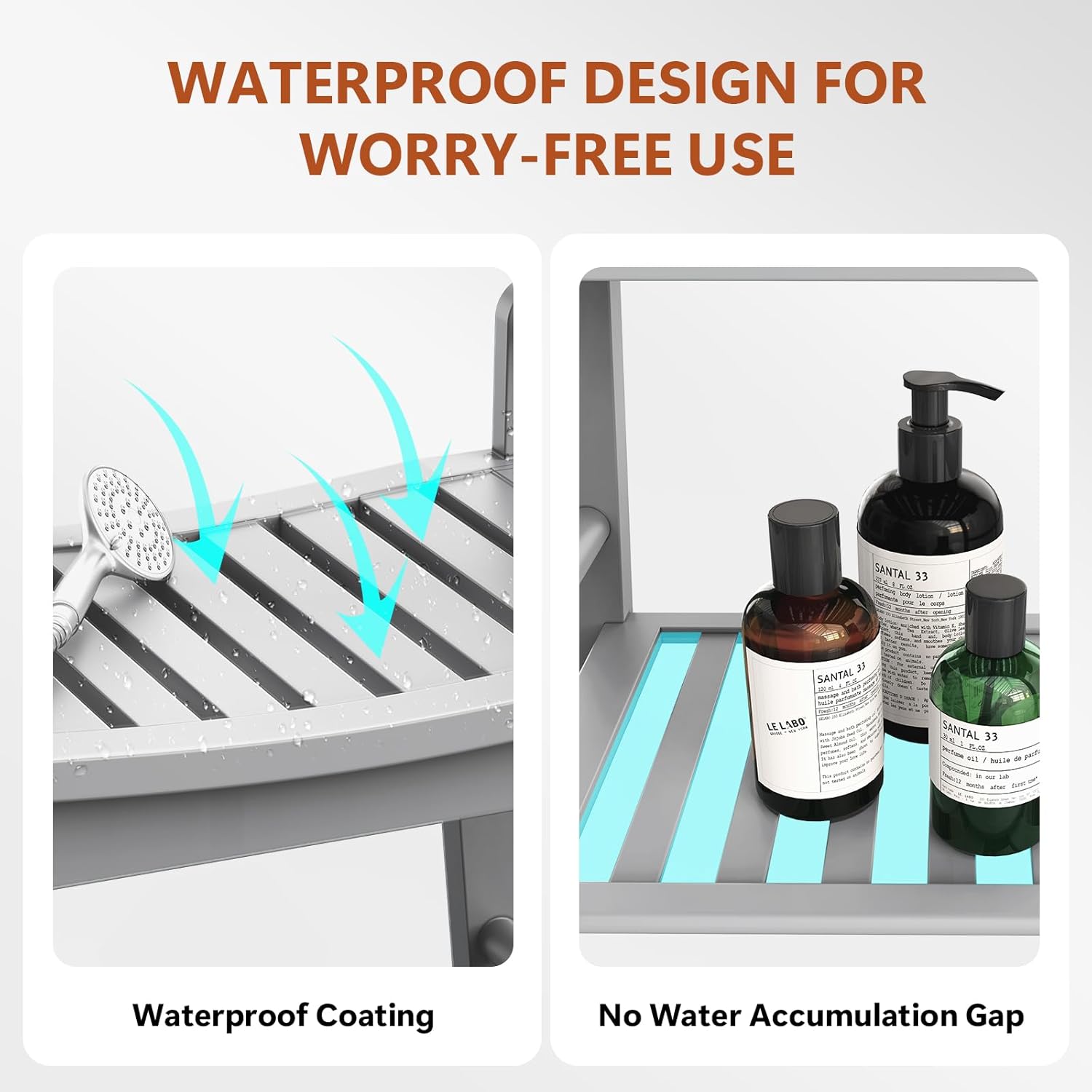 Bamboo Shower Benches for Inside Shower to Sit on, 2-Tier Shower Stool Waterproof with Arm, Heavy Duty Bathroom Bench with Storage Shelf and Shower Header Holder for Seniors, Disabled, Women, Gray