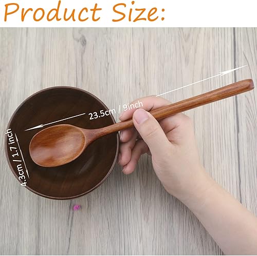 Vista 5 de Cucharas de madera, 6 cucharas de sopa de madera de 9 pulgadas para comer, mezclar, revolver, cuchara de madera con utensilio de cocina