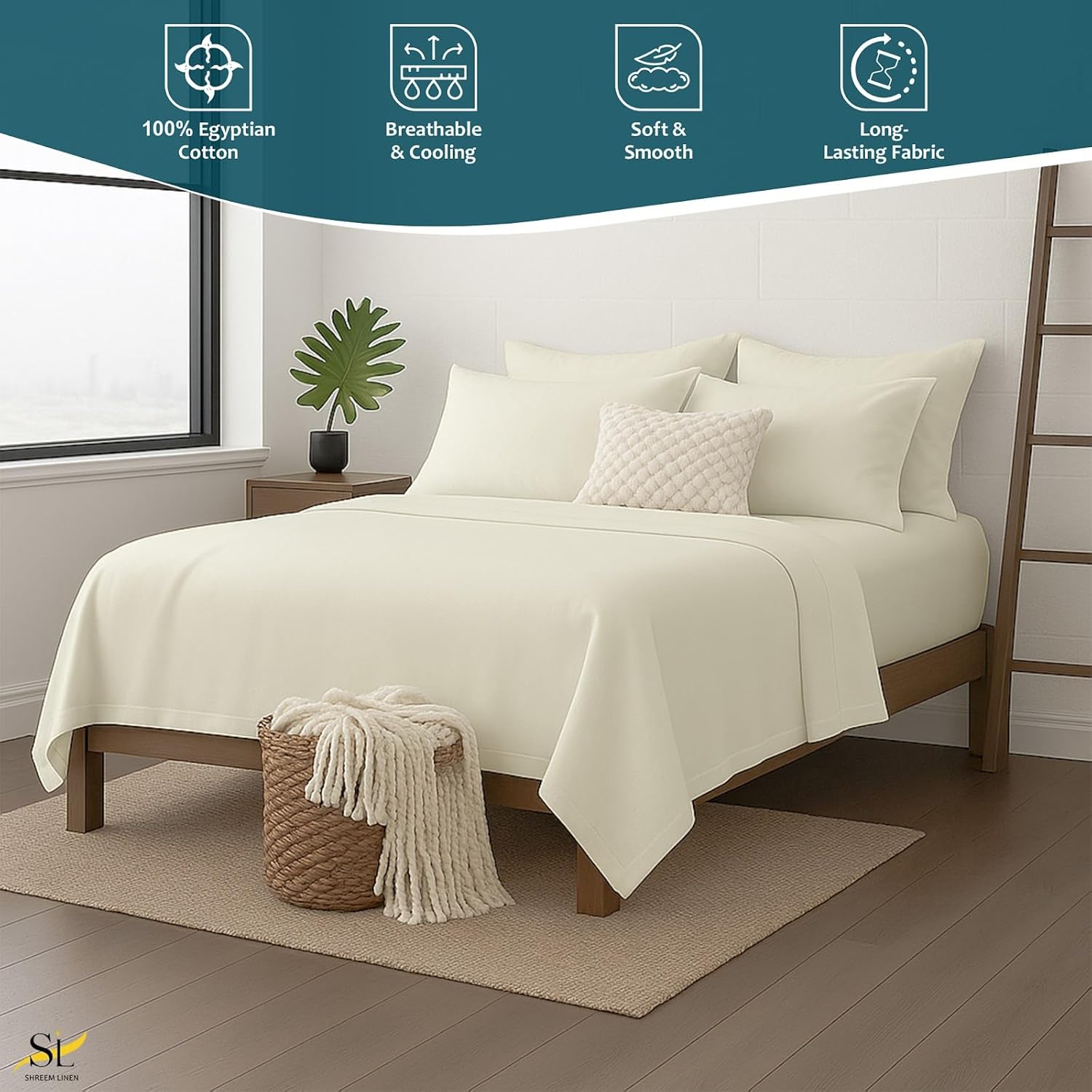Shreem Linen 6 Piece King Sheet Set - 100% Egyptian Cotton Sheets, Hotel Luxury Bedding, 18" Deep Pocket, Cooling Soft Breathable Bed Sheets with 4 Pillowcases, Ivory Solid