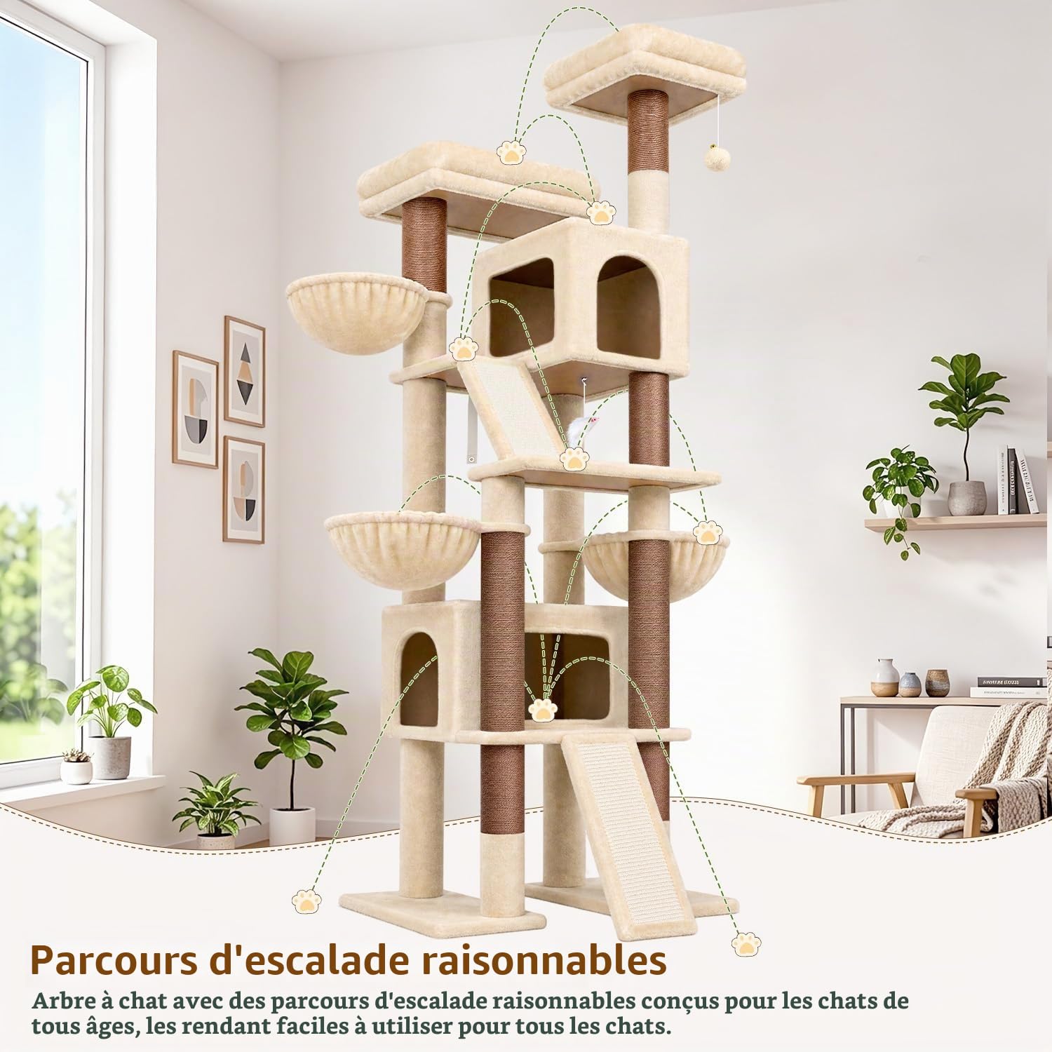 Globlazer F78 Arbre à Chat XXL Beige pour Grand Chats 200 cm Arbre a Chat | Multifonction Stable Arbres à Chat avec 2 Immense Niches, Grand Plateformes 3 Panier Planche Sisal, pour Plusieur Chat Adulte
