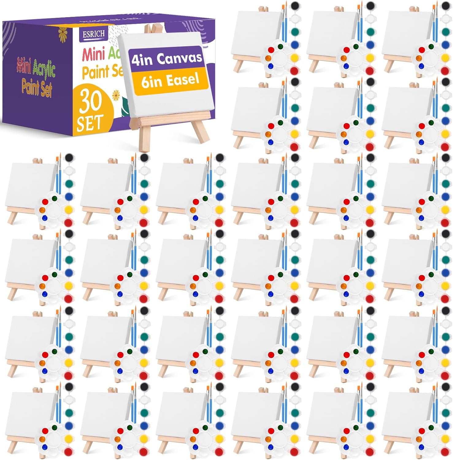 ESRICH 30 Pack Mini Acrylic Paint Kit,Canvas Painting Kit,4in Stretched Canva with 6in Easel,Acrylic Paint Strips,Palettes,Painting Brushes,Canva and Easel Set for Kids Artists Beginner,Gift
