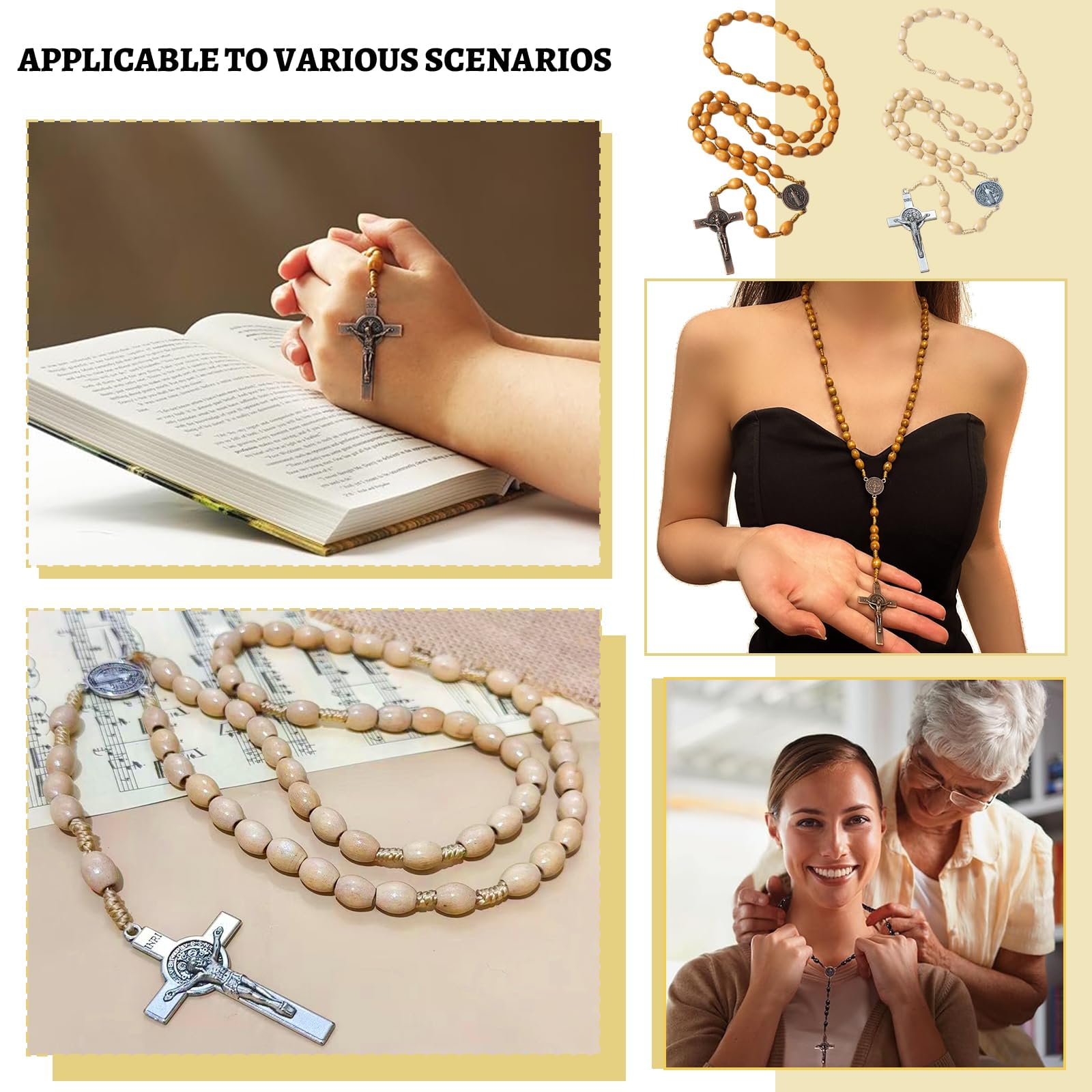 Croce in Legno con Rosario Cattolico, Collier Femme Mini Croce, Collana Personalizzata Bead Mala Uomo Donna Gioielli, Collana Classica in Legno con Perle Rotonde Rosario