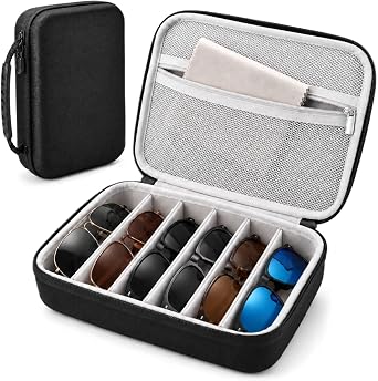 6-Slot Travel Sunglasses Organizer Case, Hard Shell Eyewear Storage Box with Handle, Portable Multiple Glasses Holder for Sunglasses, Reading Glasses, Road Trips, Vacations, Black
