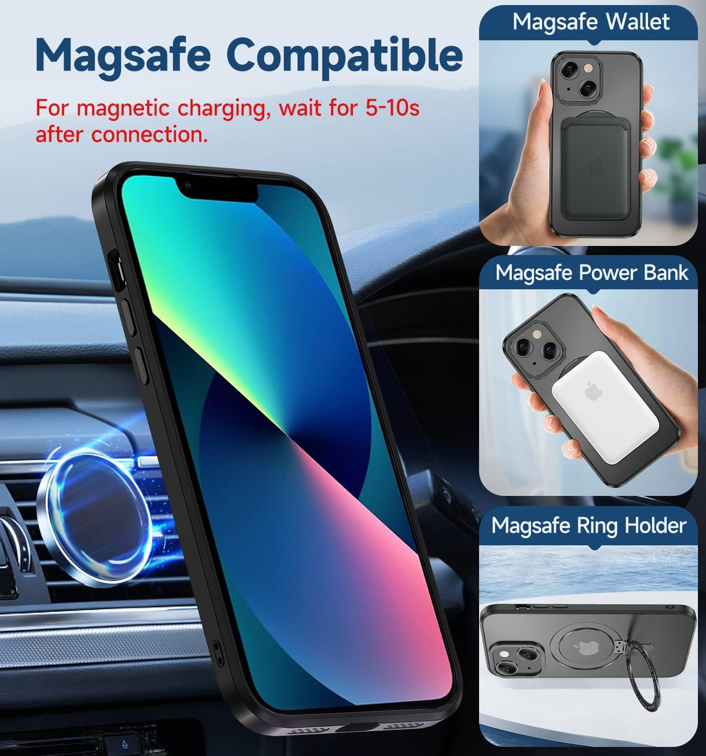 MAGIC JOHN for iPhone 13 Case/iPhone 14 Case(6.1 inch) [Compatible with Magsafe] [with Magnetic Metal Stand][Military Grade Shockproof][Anti Yellowing],Translucent Matte Back with Soft Edge,Black