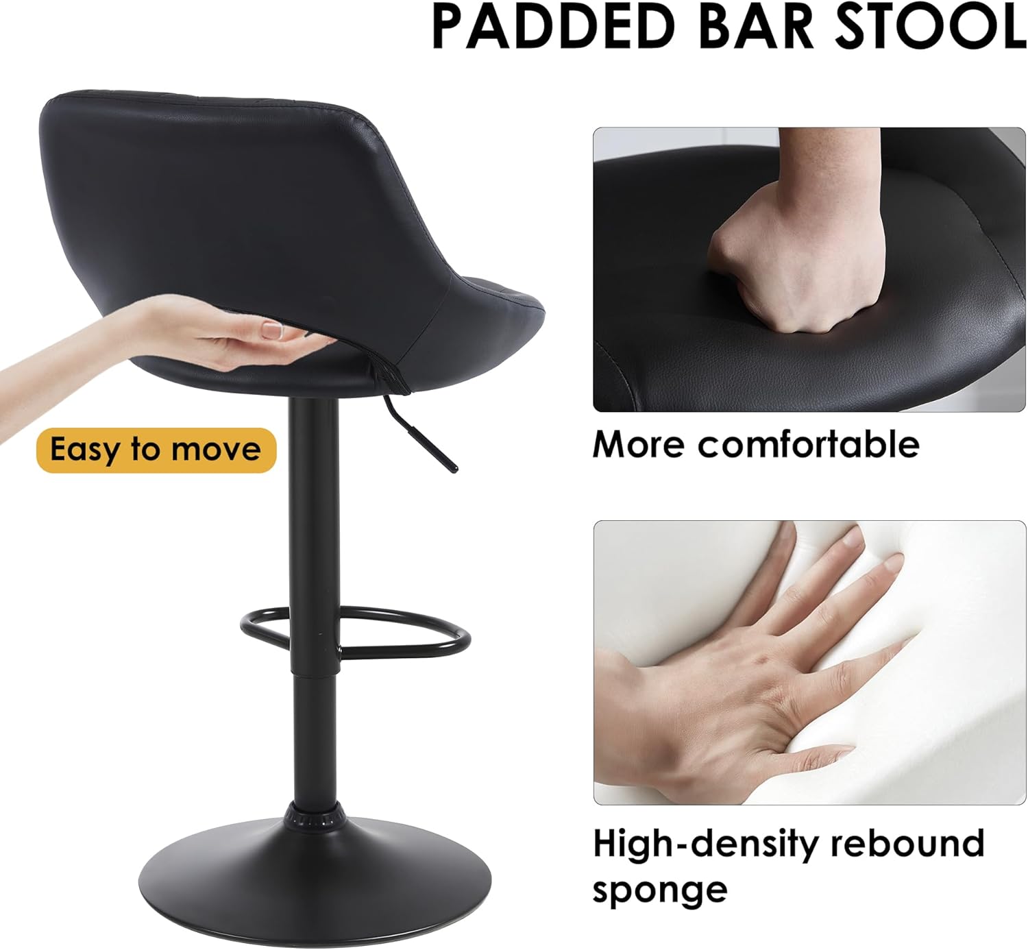 Black Bar Stools Set of 2, Modern Swivel Bar Chairs, Adjustable Faux Leather Upholstered Barstools with Larger Seat, Counter Height with Ellipsoid Open Back for Bar,Dining Room,Kitchen Island