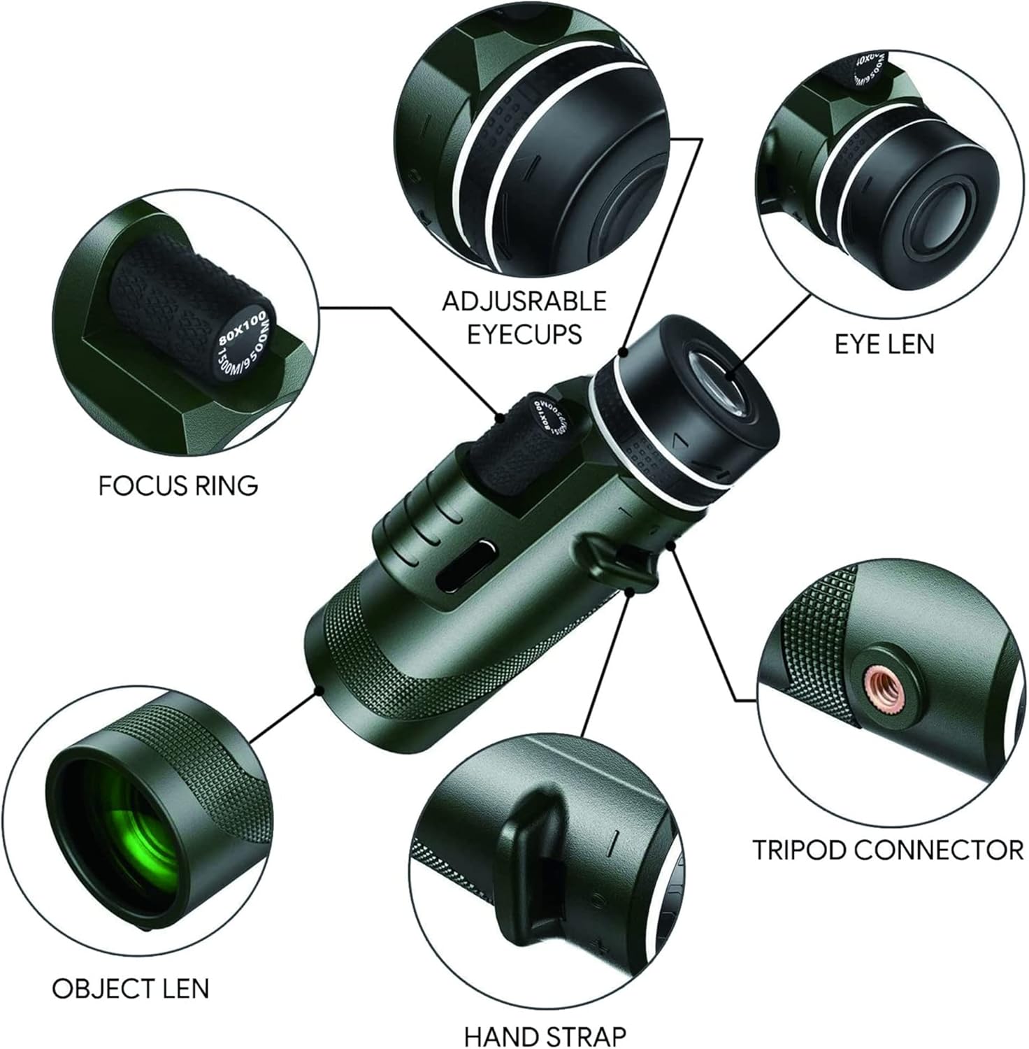 80x100 Monocular-Telescope High Powered Monocular Low Night Vision Monocular for Smartphone Adapter Monocular Telescope Hunting Wildlife Bird Watching Travel Camping Hiking, Green-1
