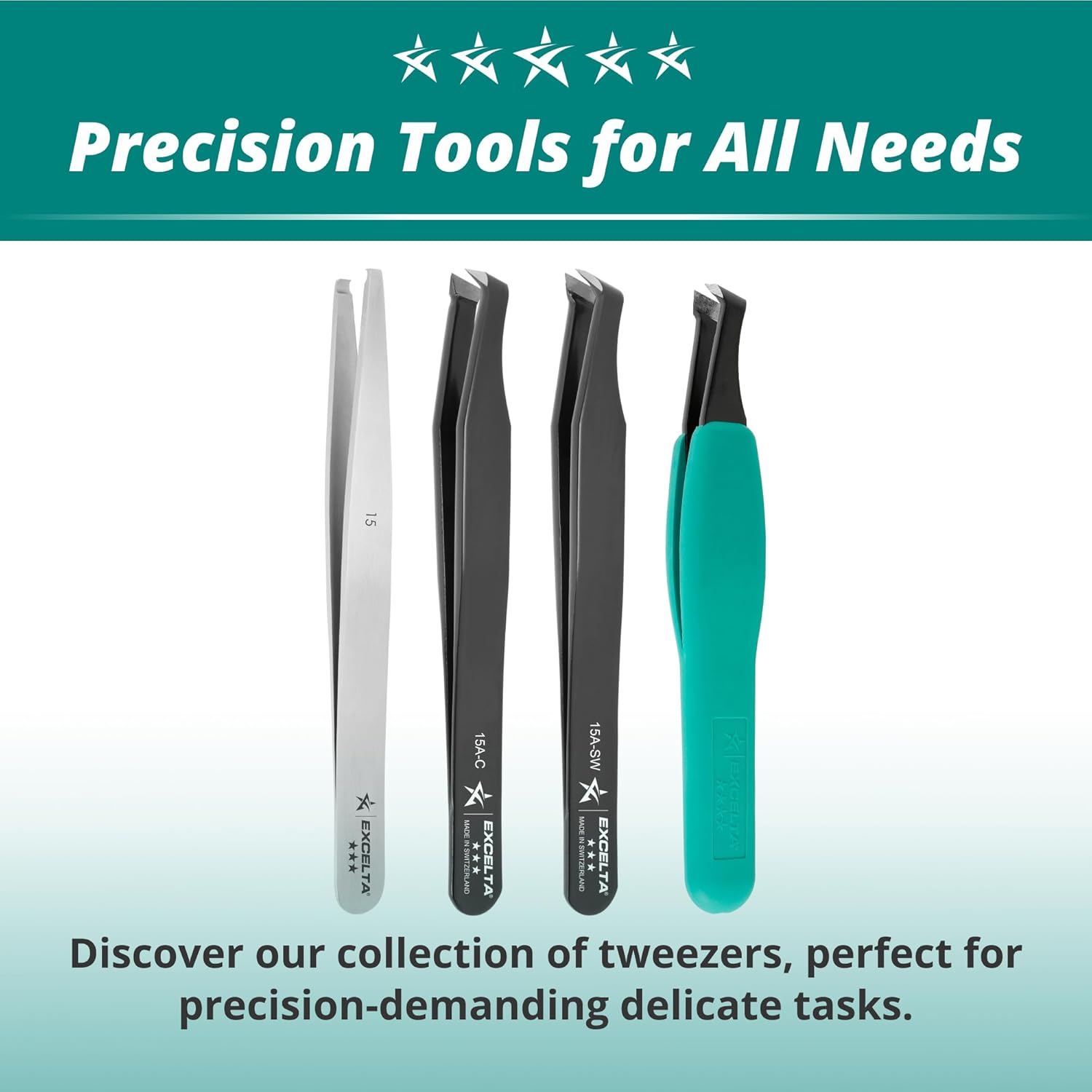 Excelta 15A-C Precision Angulated Cutting Tweezers, Carbon Steel with Epoxy Coating, Flame Hardened Tips, 4.5" Long, Professional