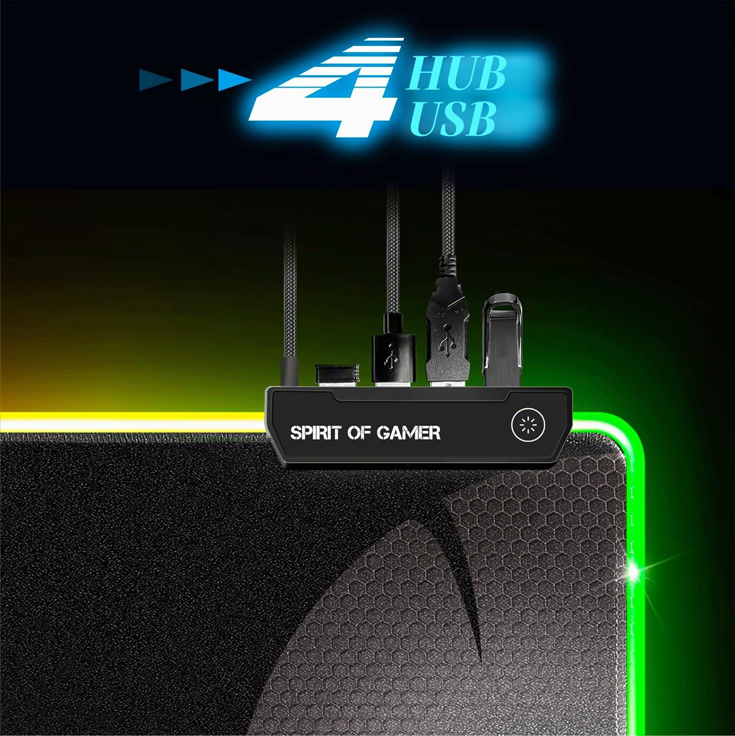 Tappetino mouse gaming XXXL RGB (900x400mm) + Hub 4 porte USB incluso | 12 Modalità di Retroilluminazione | Base antiscivolo in gomma | Mouse Pad Scrivania Luminoso Ergonomico per PC | Spirit Of Gamer