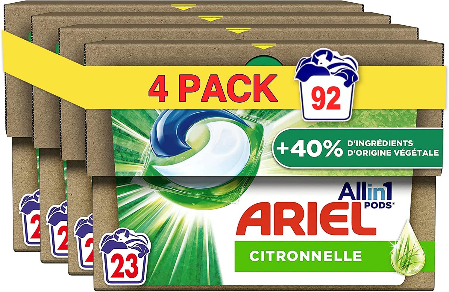 Ariel All-in-1 Pods Lessive Capsules, 92 Lavages, Fraîcheur Avec Une Touche De Citronnelle, 40% D’ingrédients D’origine Végétale En Plus