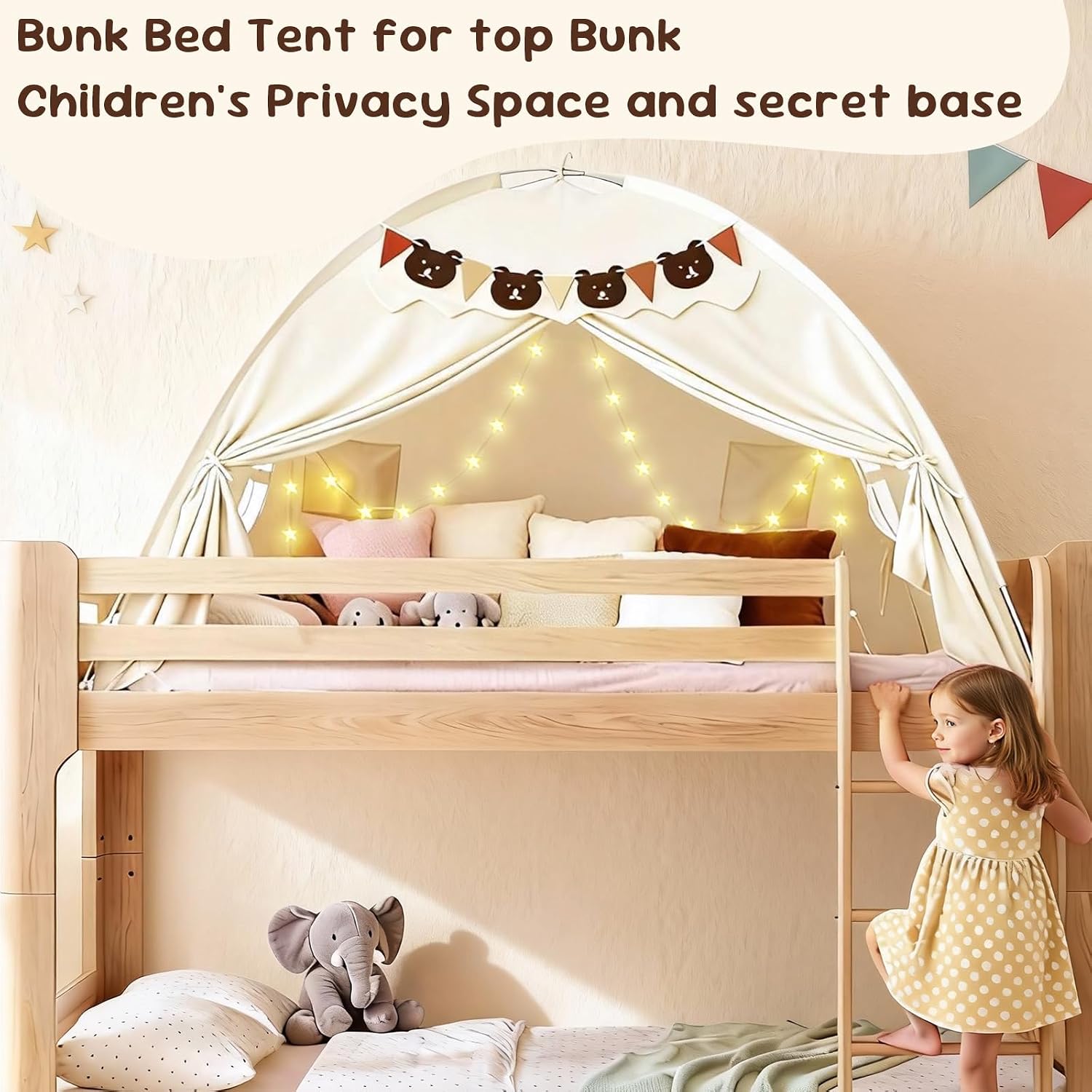 Full Size Bed Tent for Kids, Girls Bed Tent Canopy Dream Playhouse Privacy Space Sleeping Tent with Stars Light & Flags, Toddler Large Floor Play Tent for Girl & Boy, Birthday Children‘s Gift, Beige