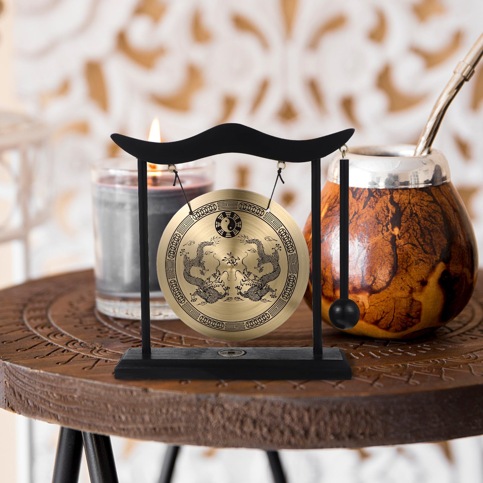 Vaguelly Gong con soporte de madera, pequeña mesa decorativa, timbre de gong, diseño de dragón, instrumento de percusión chino, decoración para el hogar, la oficina
