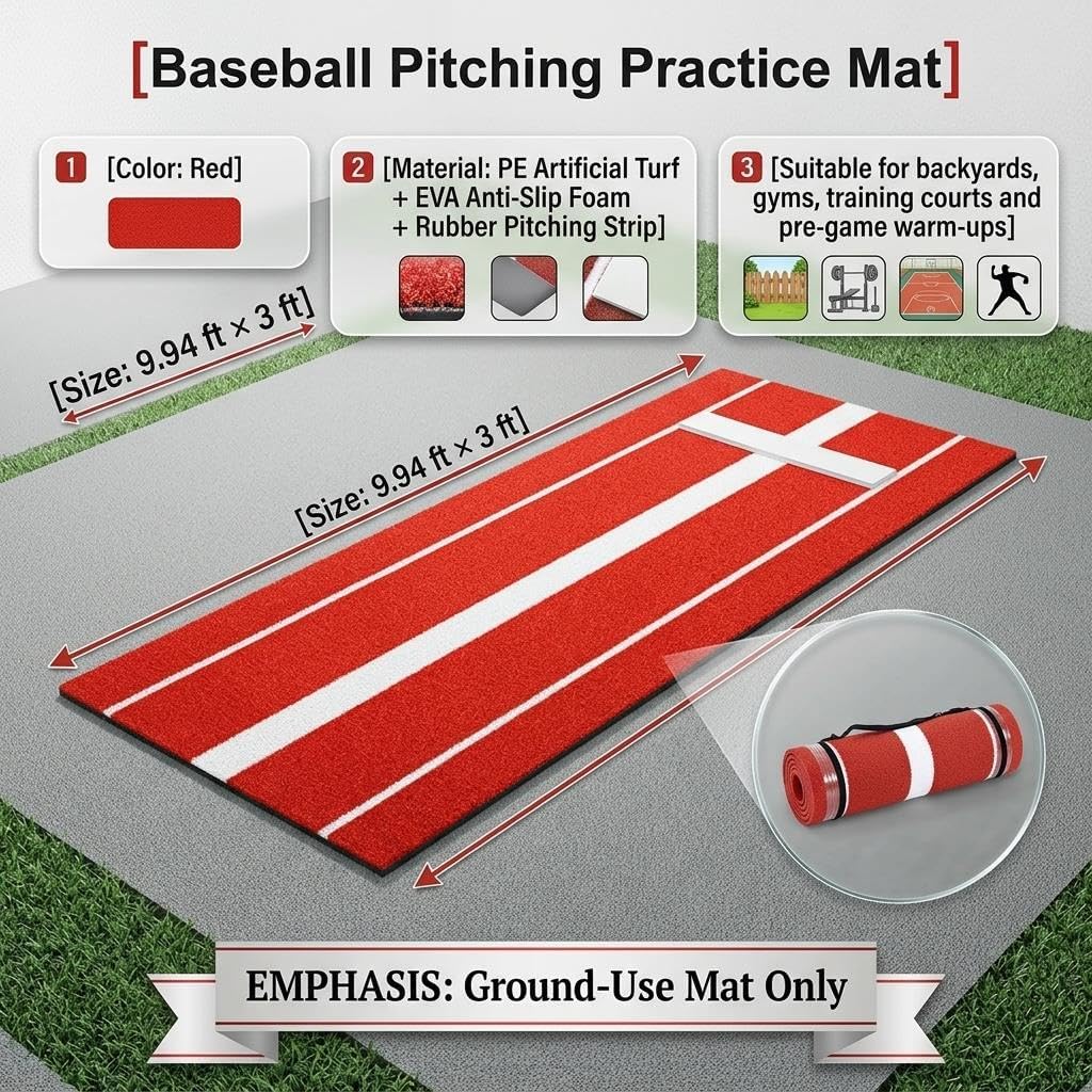 Professional Softball Pitching Mat - Portable Baseball Training Mat with Rubber, Antislip Rubber Bottom for Indoor/Outdoor Training, 10x3 ft