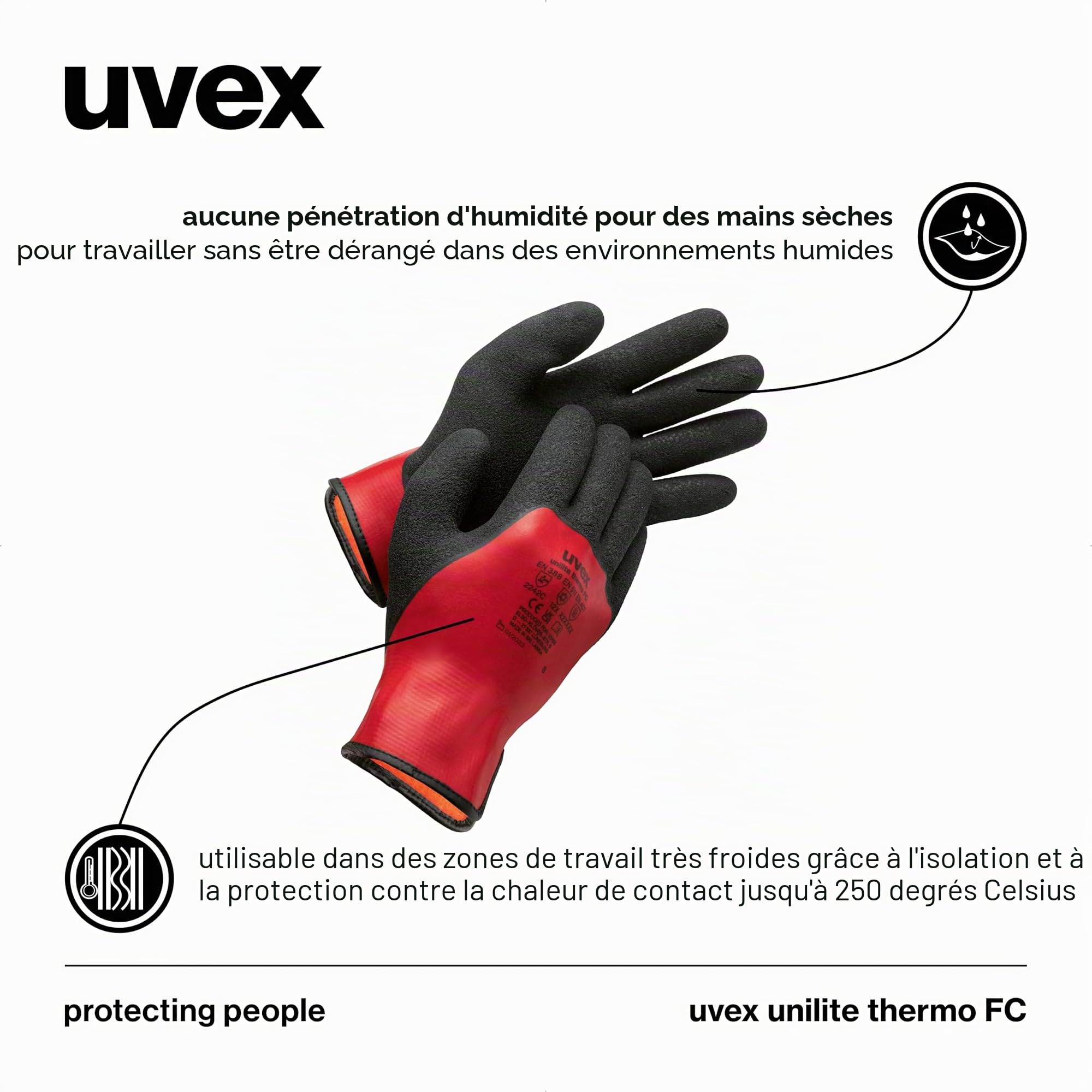 Uvex unilite thermo FC Gants de protection contre le froid - Gants d'hiver pour environnement humide/huileux - Chauds et doublés - Rouge/noir - 08/M