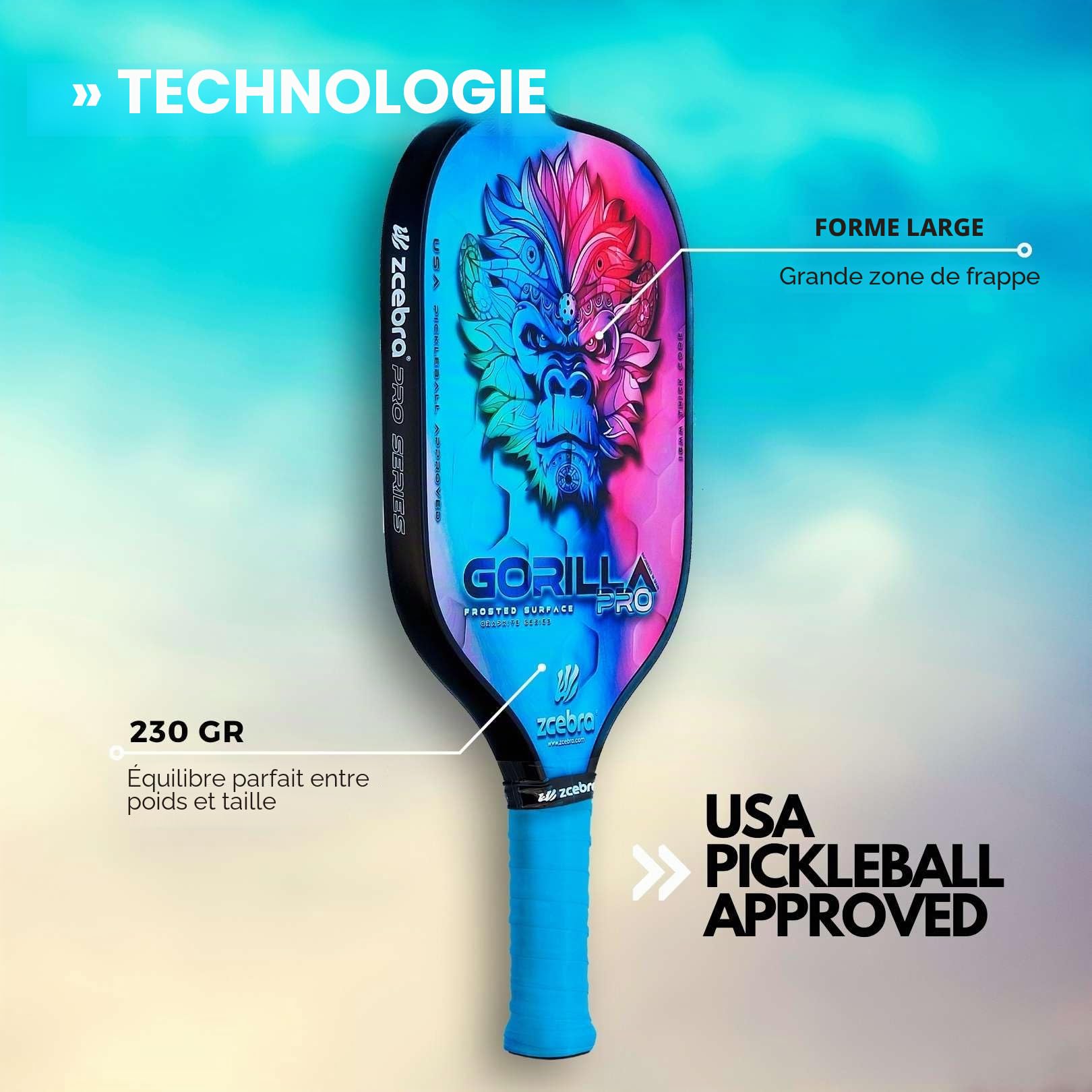 Pickleball Paddle Graphite - Raquette en Fibre de Carbone Noyau de 16 mm de Panneau d'abeille polypropylène Texture Frosted Rugosa - Set Housse néoprène - Gorilla Pro Rainbow