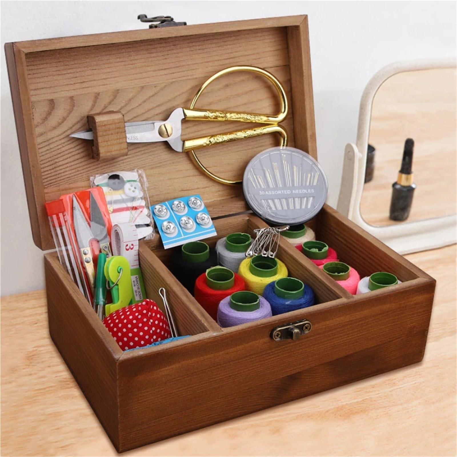 Multifunktionale Hause Nähen Box Kiefer Holz Haushalt Vintage Nadel Faden Lagerung Fall Organizer für Hause Reise Camping