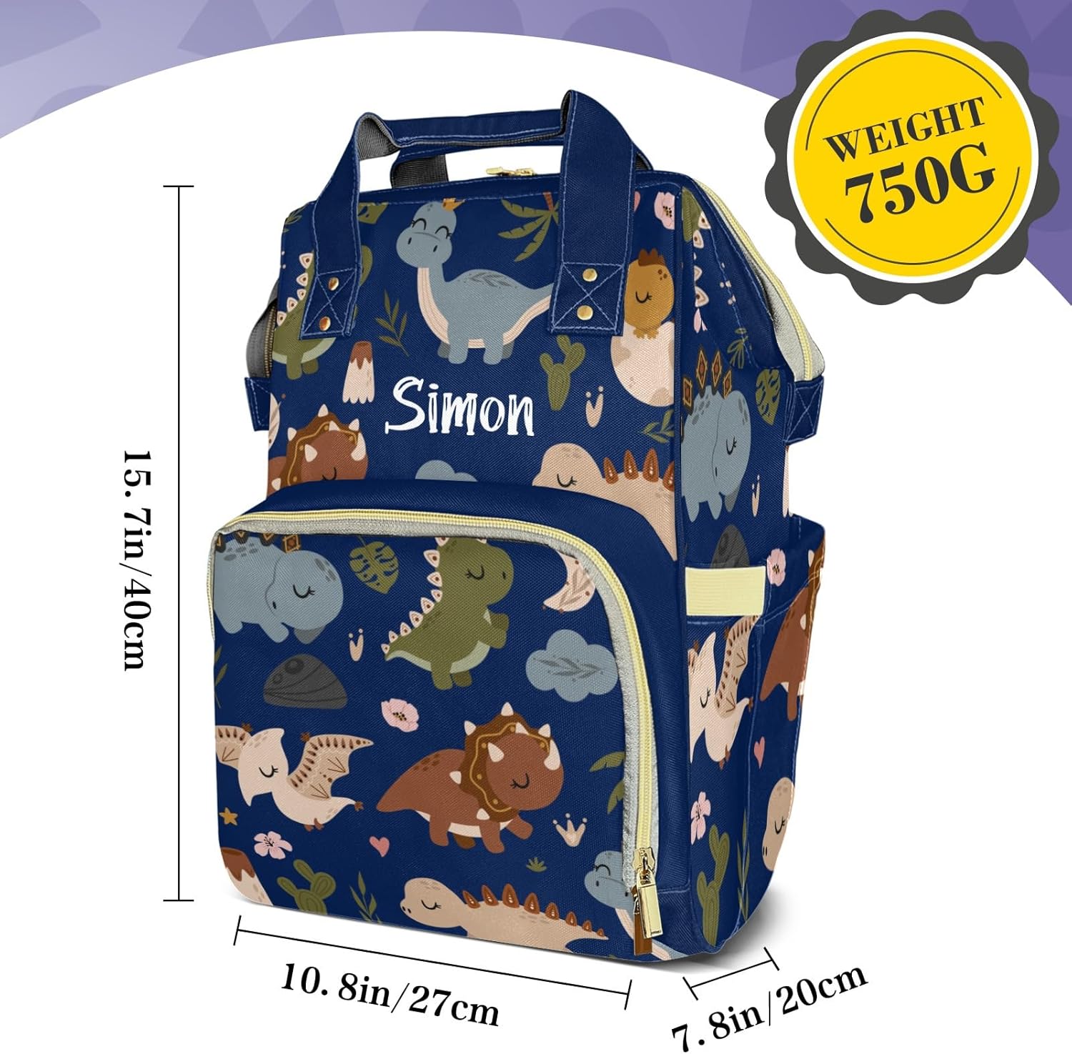 Cute Tropical Dinosaur Large Capacity Custom Diaper Bag for Baby Boy Girl Waterproof Personalized Name Diaper Bag Backpack with Multi-Pocket Customized Mom Travel Daypack for Baby Essentials