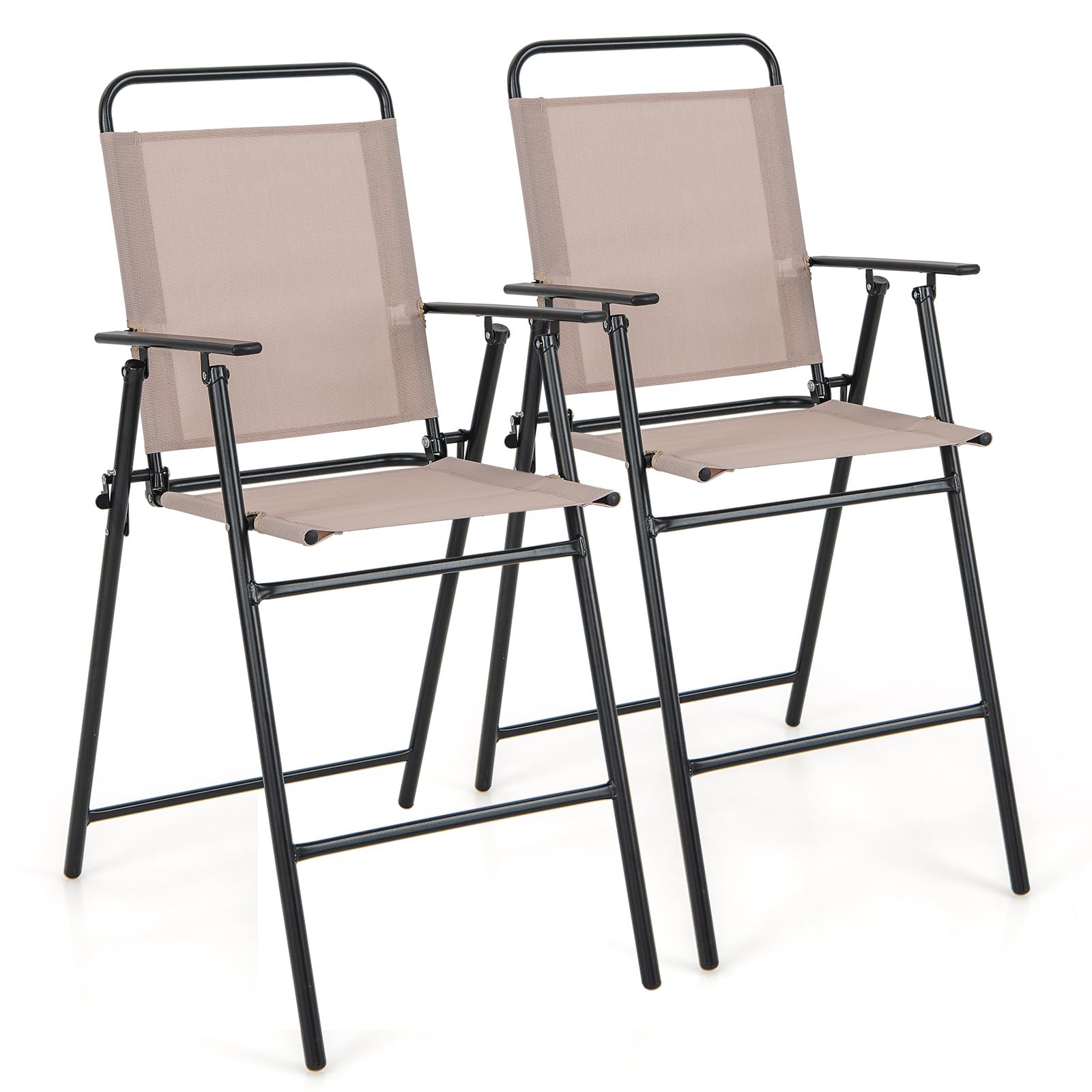 COSTWAY 2 Taburetes Altos Plegables, Tela Transpirable, Estructura de Metal, Sillas Altas para Barra con Reposabrazos, Reposapiés, Taburete Bar Portátiles, 53 x 69 x 112 cm