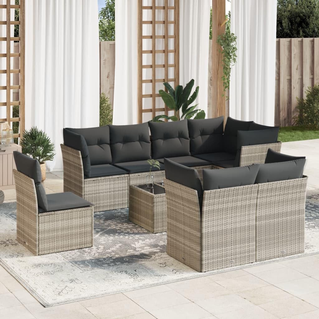 Set Divano Giardino 9 Pezzi Polyrattan Grigio Chiaro