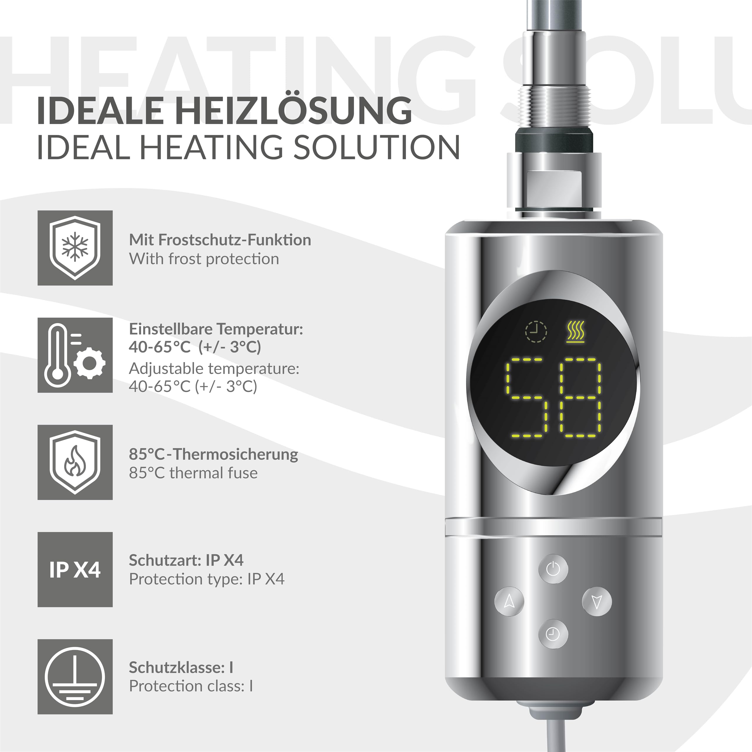 ML-Design Elemento Calefactor Eléctrico 900W de Acero Inoxiable Cromado para Radiadores, con Termostato y Pantalla Digital, Regulador Electrónico y Temporizador, Calentador de Inmersión con Enchufe