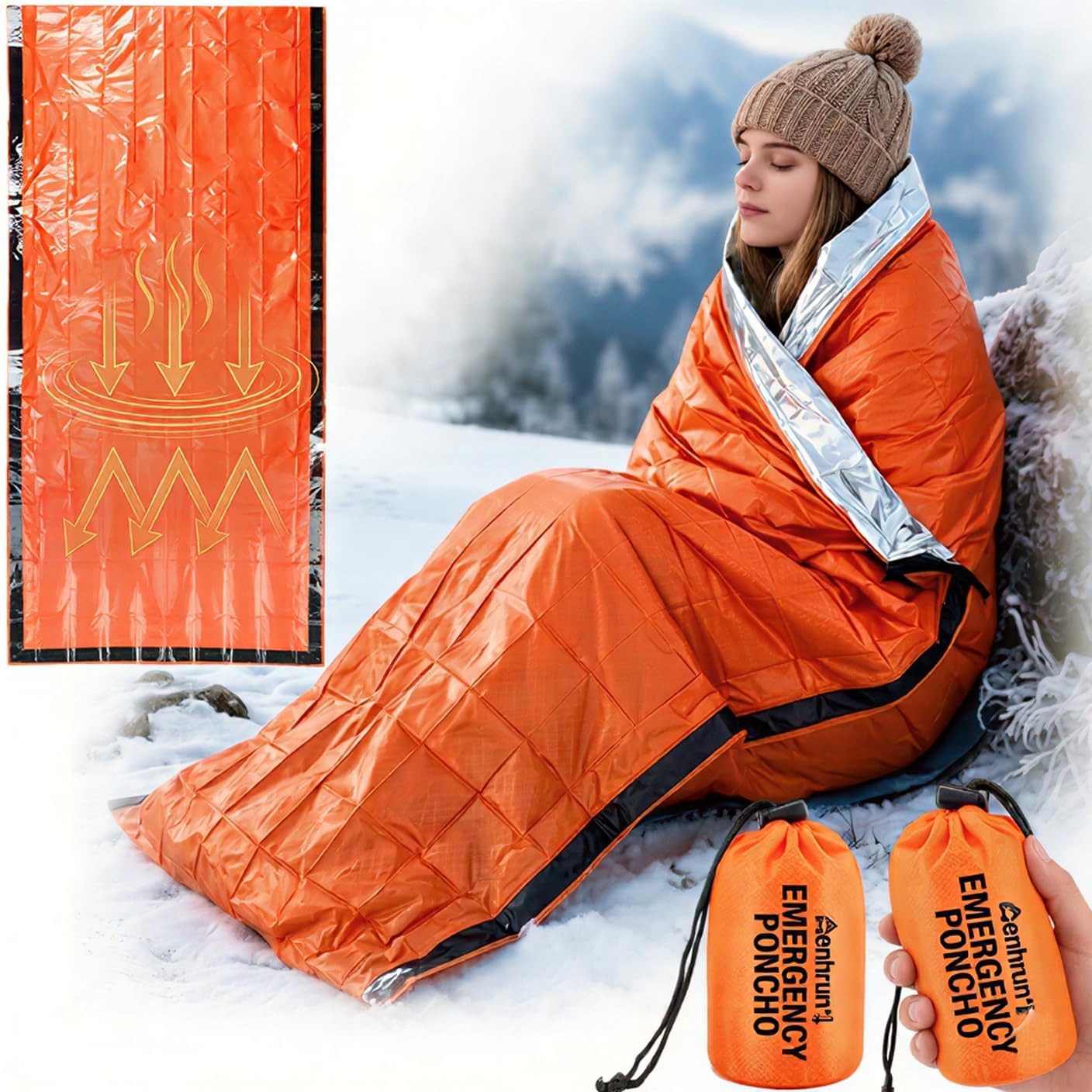 Thermal Emergency Sleeping Bag: Reflects 90% of Body Heat - 3 Second Rapid Heating for Camping Hiking Backpacking - Reusable Waterproof Mylar Bivy Sack 2 Pack