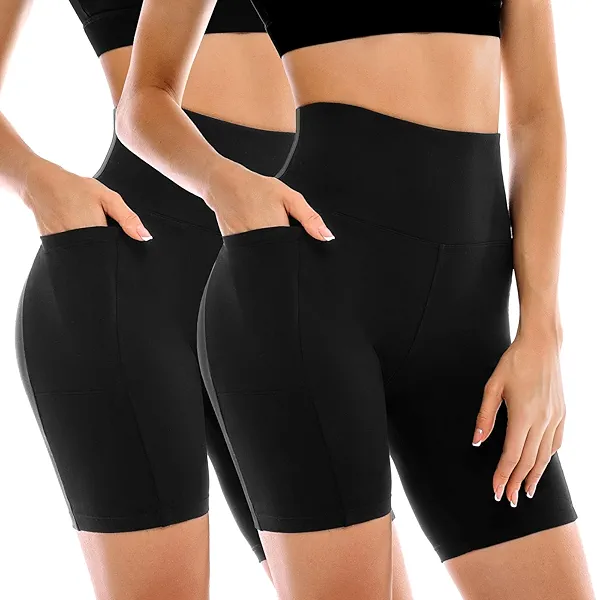 Leafigure 2 Pack Womens Biker Shorts with Pockets, High Waisted Yoga Shorts for Women Running Gym and Workout