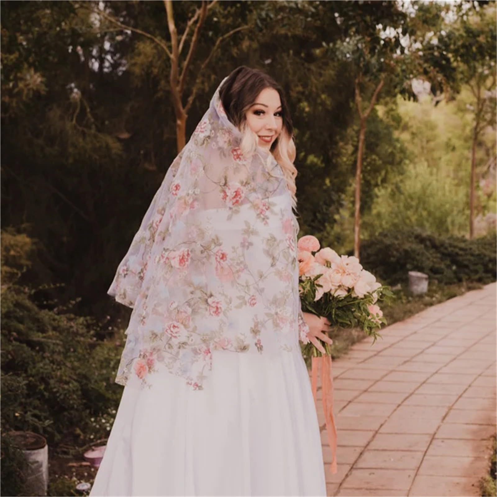 Amazon.com: Floral Pink Flowers Embroidered Wedding Veil, Princess
