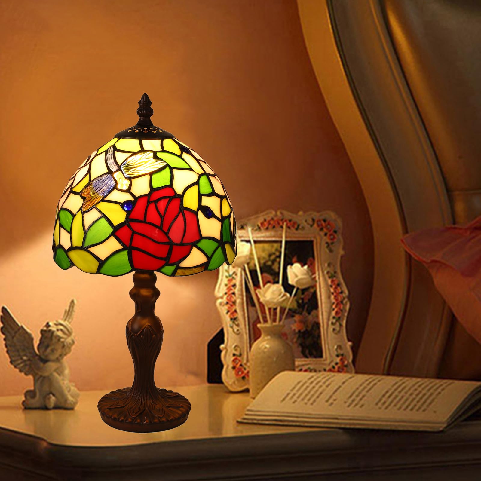 Lampada Tiffany, Lampada da Tavolo Tiffany con Paralume in Vetro Colorato, per Soggiorno, Camera da Letto, Studio e Tavolino da Caffè