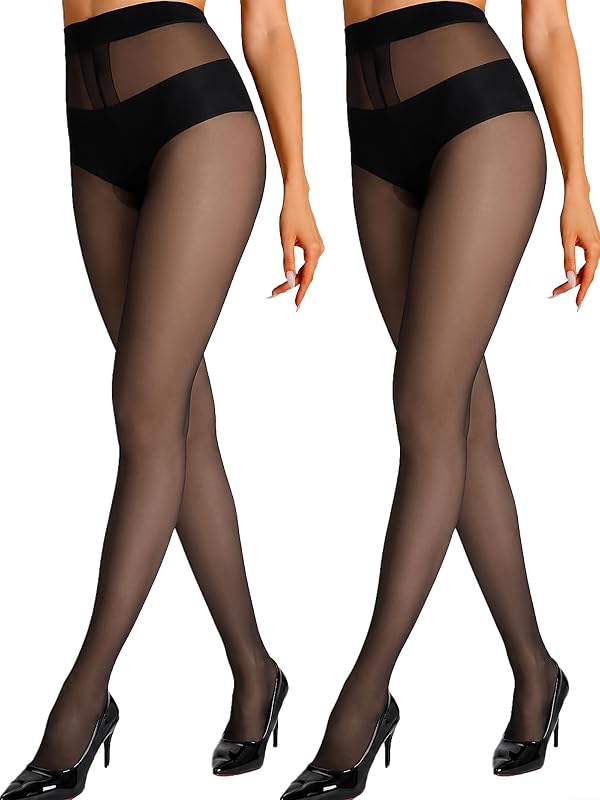Sheer Tights for Women 2 Pairs Ultra Thin Reinforced T Crotch Control Top Pantyhose Stockings