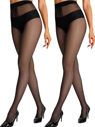 Sheer Tights for Women 2 Pairs Ultra Thin Reinforced T Crotch Control Top Pantyhose Stockings