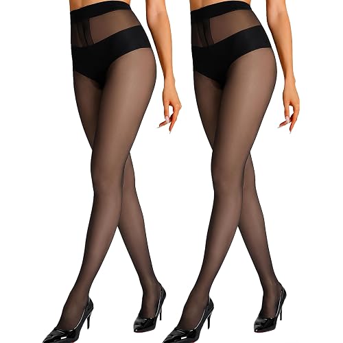 HONENNA Sheer Tights for Women 2 Pairs Ultra Thin Reinforced T Crotch Control Top Pantyhose Stockings