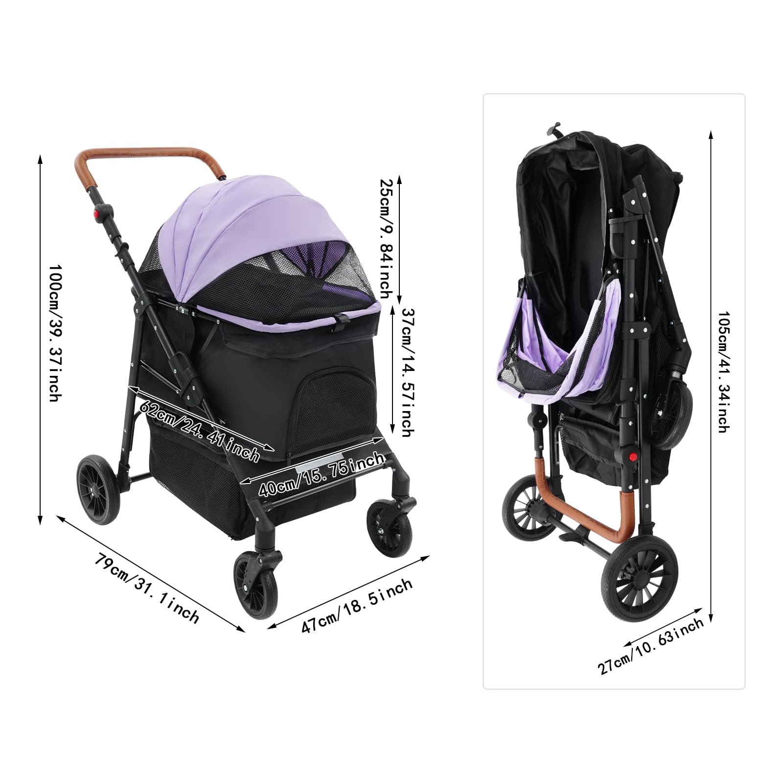 Carrello per cani 2 in 1, pieghevole con due scomparti separati, passeggino per animali domestici fino a 15 kg, con manico regolabile, per cani di piccola taglia e gatti (nero + viola)