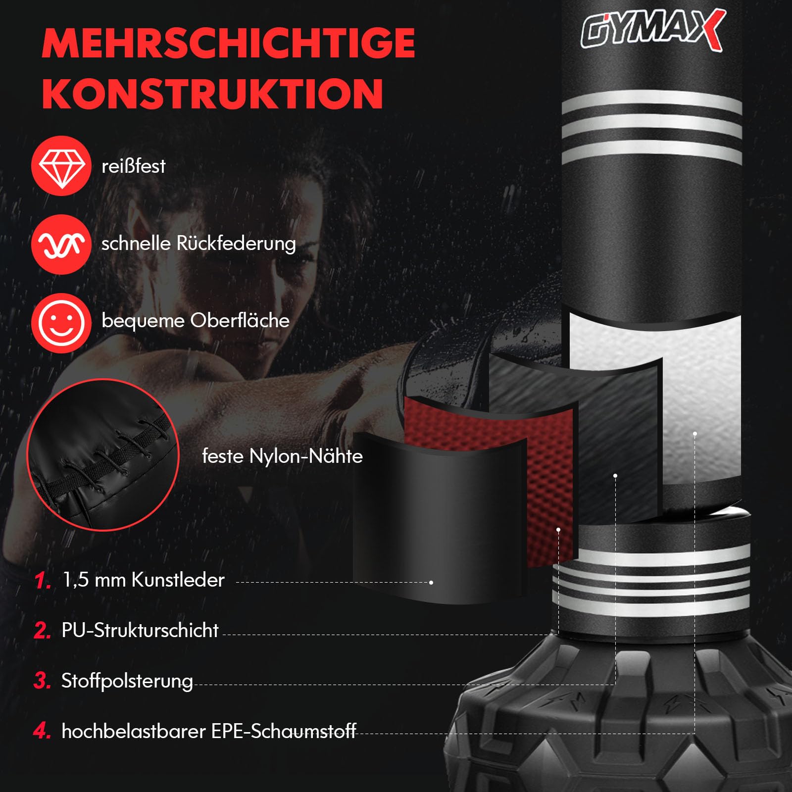 GYMAX Boxsack Stehend Erwachsene Jugendliche, 170 cm Freistehender Standboxsack mit auffüllbarer Saugnapf-Basis, Punching Bag für Muay Thai, MMA, Boxtraining