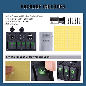 Marine Switch Panel, 6 Gang Rocker Switch Panel with LED Digital Voltmeter 3.1A Dual USB Charger, 12/24V Toggle Switch Panel for Automotive Cars Marine Boats RV (Green, 6 Gang)