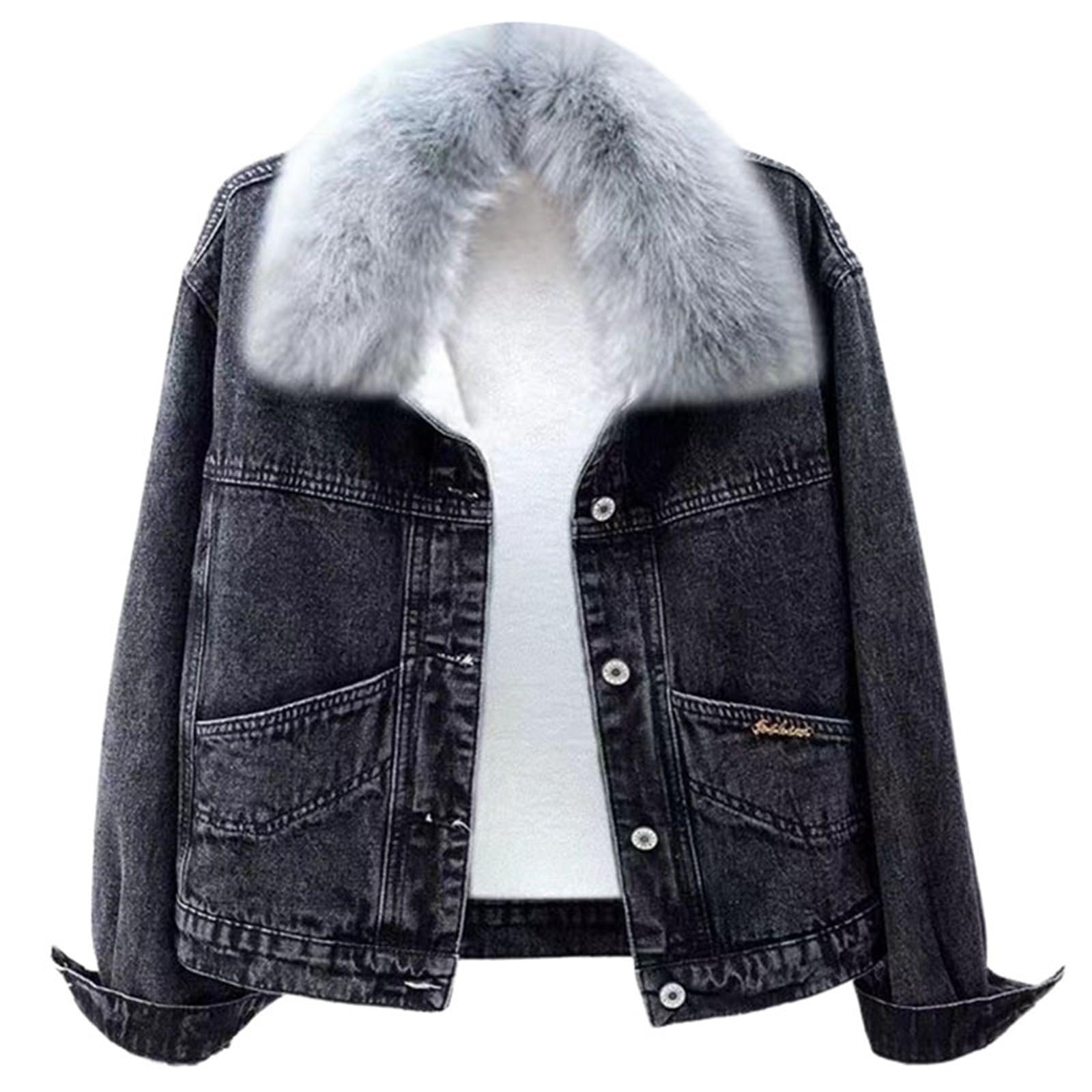 Generisch Giacca da mezza stagione, da donna, con colletto con cappuccio in peluche, invernale, calda, versatile, in jeans (nero, S)