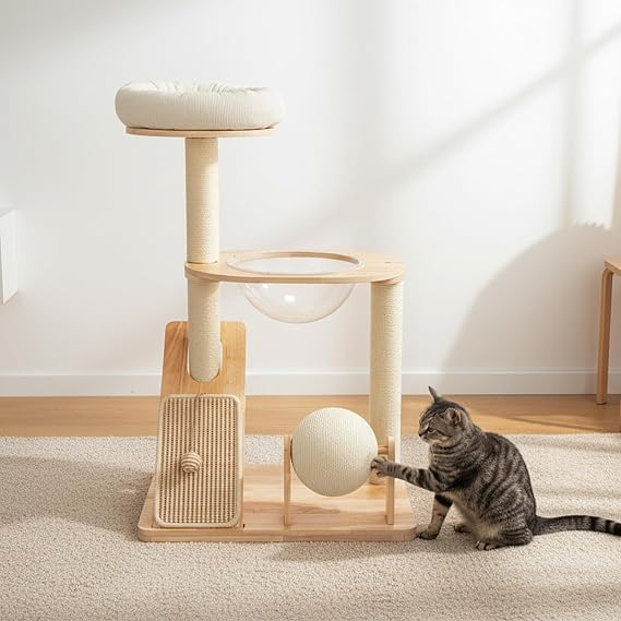 3-Tier Wooden Cat Tree with Slope Scratcher, Sisal Ball & Rolling Toy, Top Bed + Clear Space Capsule Lounge, Stable Tower for Large Cat Scratching Climbing Frame Modern Cat Activity Center for Indoor