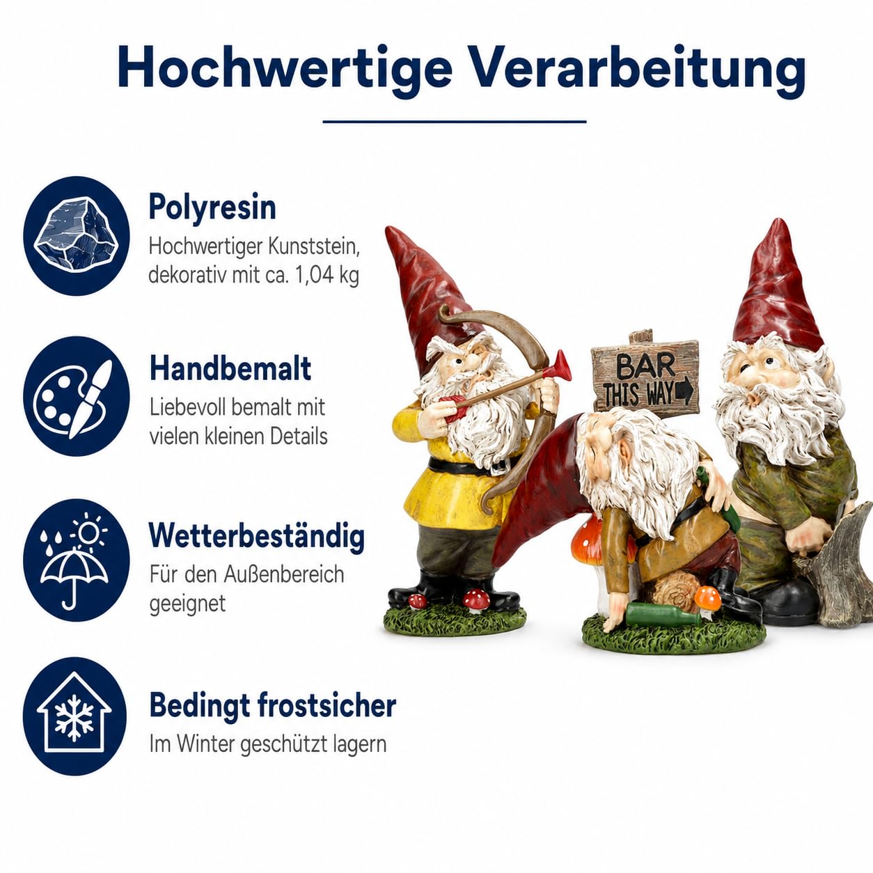 Figuren Shop GmbH Gartenfigur Gartenzwerg Set 3er 15-19 cm – freche Zwerge mit Amor, pinkelndem Zwerg und Säufer aus Polyresin, handbemalt und wetterfest – Dekofiguren Gartendeko 3-teilig