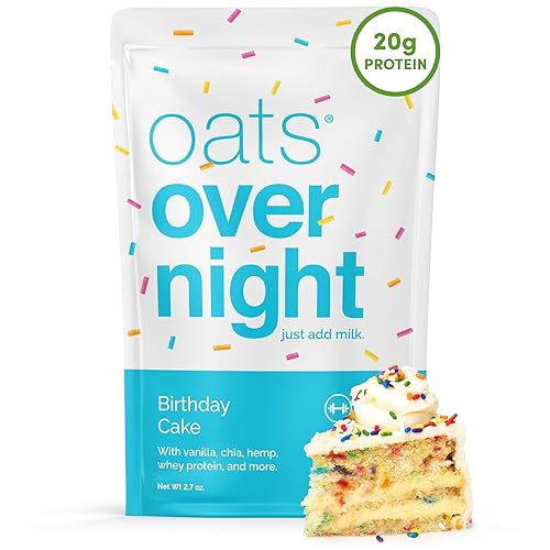 Oats Overnight - Pastel de cumpleaños - Batido de desayuno de proteína de 0.71 oz - Sin gluten, 0.18 oz de fibra, avena sin OMG (2.7 oz por comida)