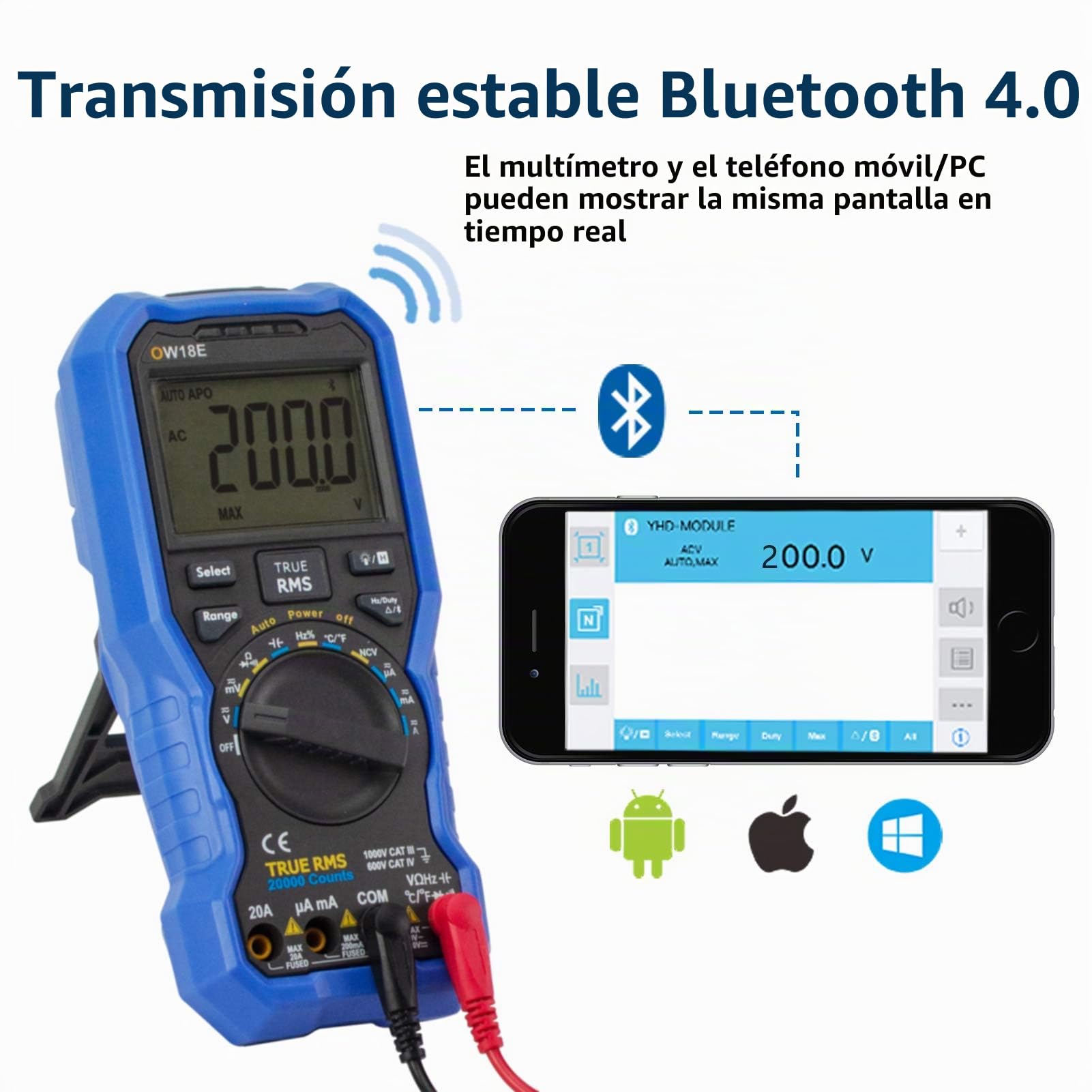 owon OW18E - Multímetro digital Bluetooth, 20000 conteo multímetros, Voltímetro Amperímetro Ohmímetro Verificador de circuito con cables de prueba LCD retroiluminados, T-Rms NCV