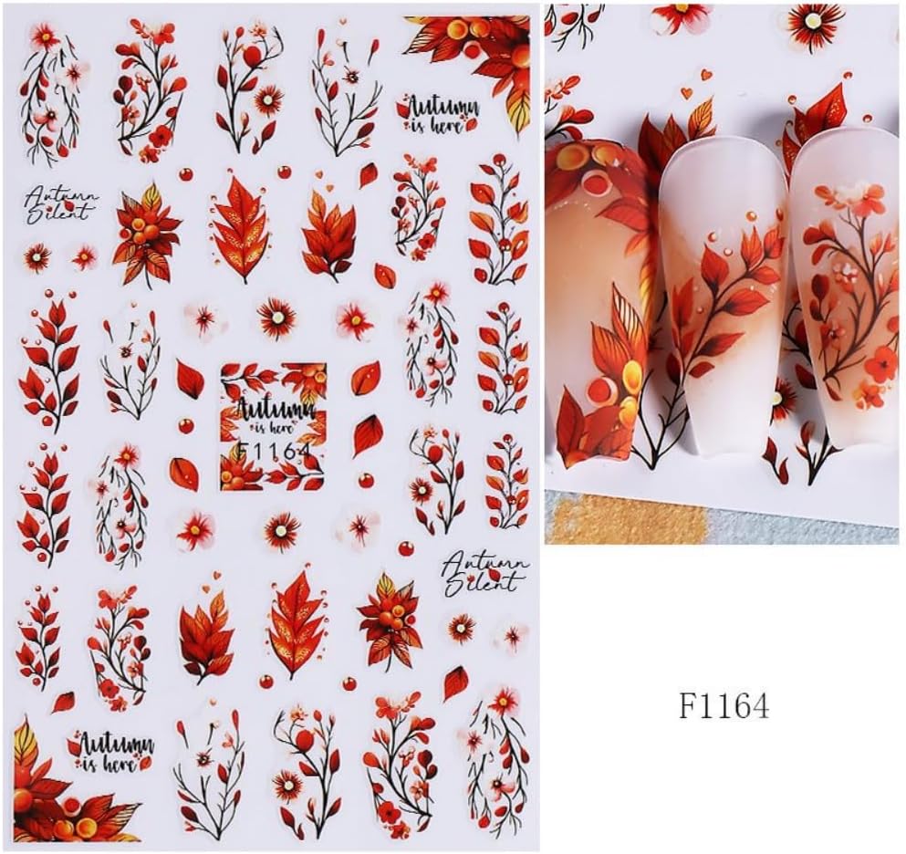 Fall Nail Stickers Mushroom Leaf Nail Art Stickers 3D Self Adhesive Maple Leaves Elk Nail Decals Autumn Thanksgiving Day Nail Design Orange Yellow Nail Art Supplies for Women 6 Sheets image 5