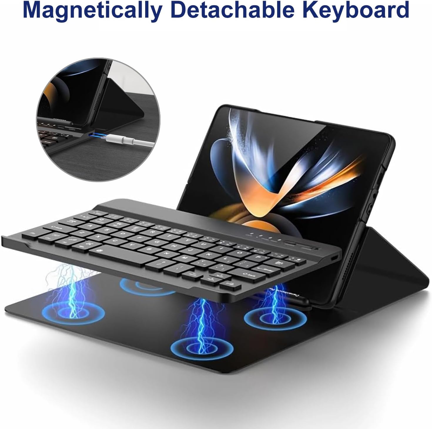 for Samsung Galaxy Z Fold 7 6 5 4 in1 Keyboard and Mouse Set, Portable Detachable Bluetooth Mini Keyboard with Flip Leather Stand Case Mouse & Pen for Galaxy Z Fold 7 6 5 Accessories (Black)