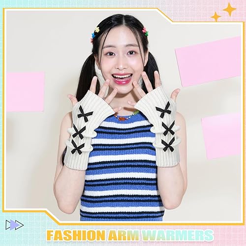 Miniatura 6 de Berlune 6 pares de mangas de brazo kawaii para mujer y niñas, calentadores de brazos de estilo japonés Y2K para disfraz escolar, 6 colores