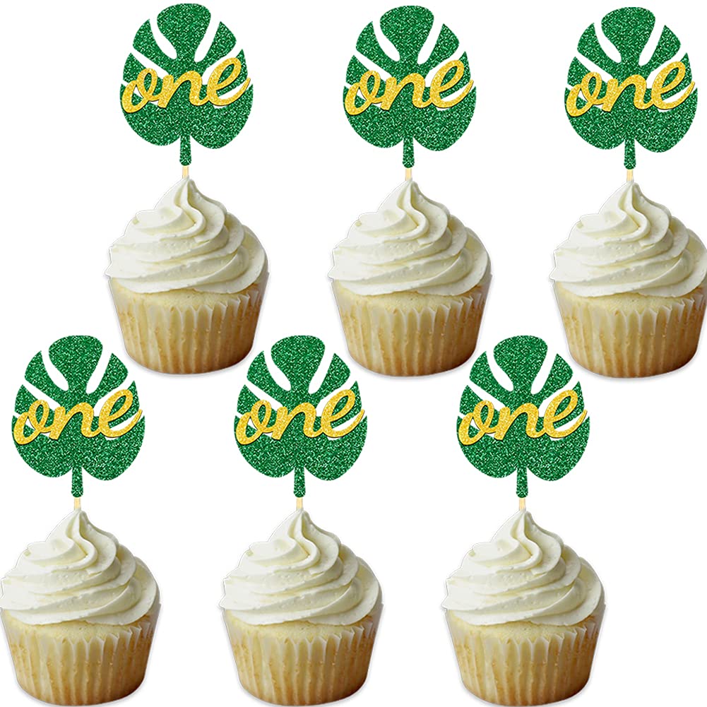 Jungle Safari Monstera Leaf One Cupcake Toppers Wild One Toppers Gold Green Glitter 1st Birthday Party Decoration