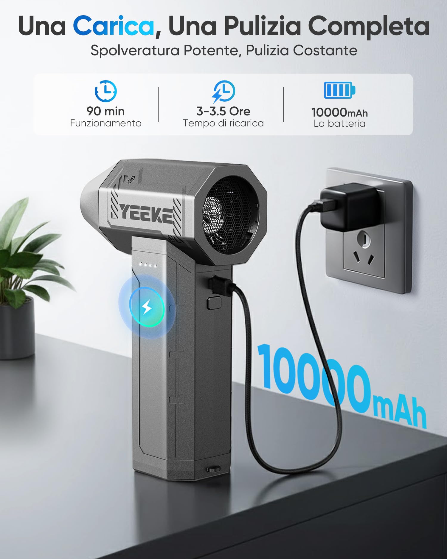 Aria Compressa Elettrico, 10000 mAh Soffiatore Aria Compressa Ricarica Rapida, 180000 giri/min & 400 G Vento con 40HP Motor,4 Velocità Soffiatore Portatile con luci a LED