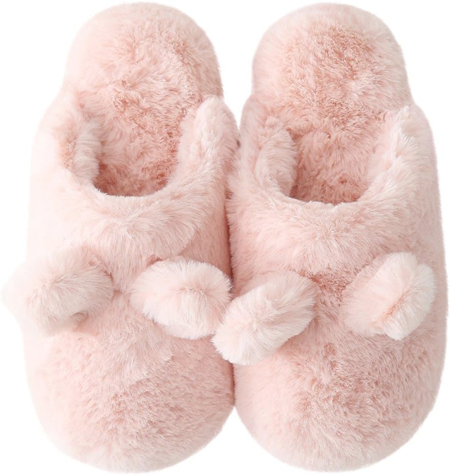 Slippers for Women, Fluffy Slip On House Memory Foam Teen Girls Cute Animal Slippers, Soft Indoor Outdoor Home Slippers for Winter (Women's 8-8.5, Pink)