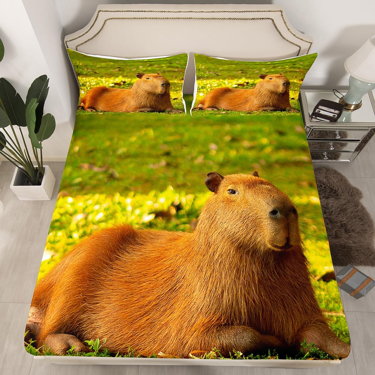 Loussiesd Capybara - Set di biancheria da letto per ragazzi e ragazze, con motivo capibara in stile cartone animato, con capibara marrone, traspirante, 3 pezzi, per letto king size