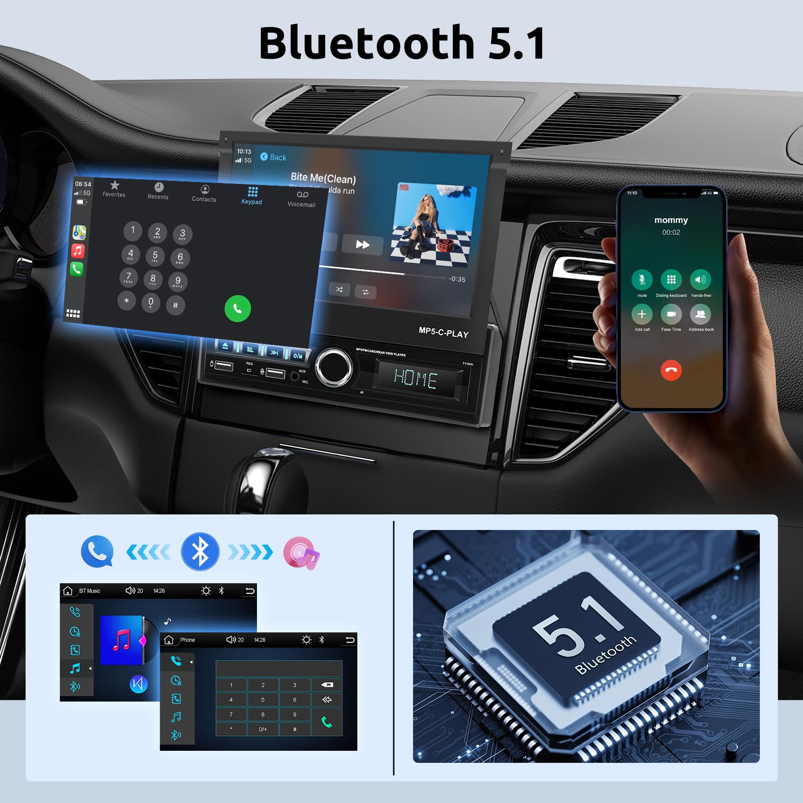 VECHTEL Autoradio 1 Din avec Carplay Android Auto sans Fil, Autoradio à Rétractable Électrique IPS HD Écran Tactile de 7 Pouces, Support Bluetooth Mirror Link FM 2USB/AUX Commandes au Volant Caméra